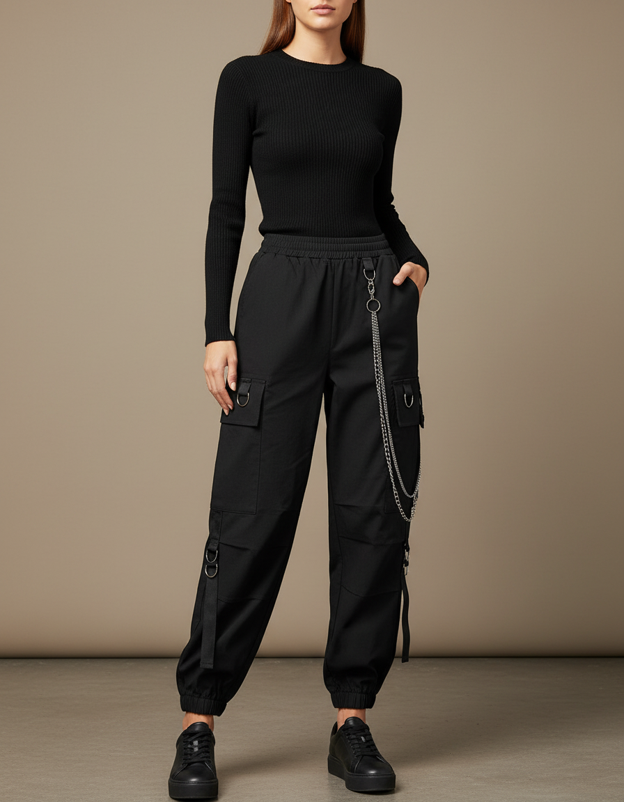 Pantalon Cargo Noir Chaînes Streetwear Femme - Polyester