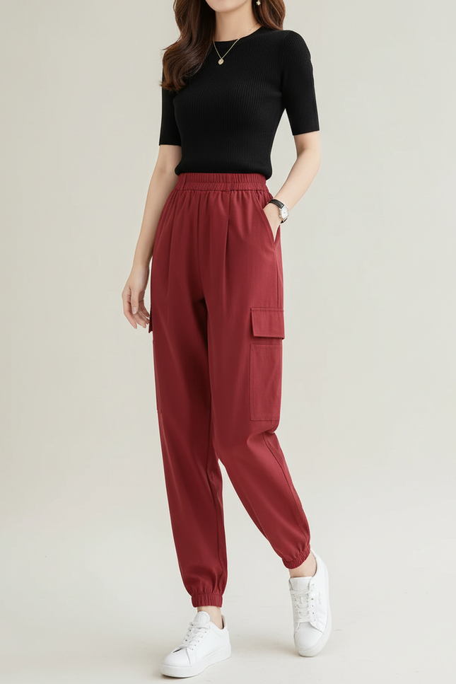 Pantalon Cargo Bordeaux Ample Respirant Taille Haute - Polyester