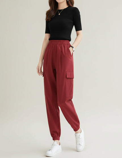 Pantalon Cargo Bordeaux Ample Respirant Taille Haute - Polyester