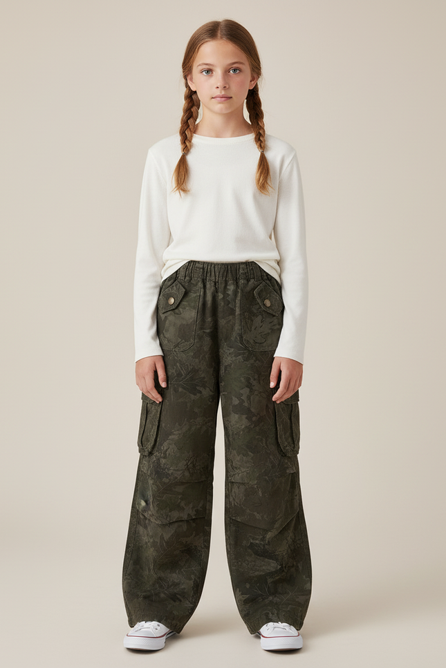 Pantalon Cargo Kaki Ample Camouflage Multipoches Fille - Toile
