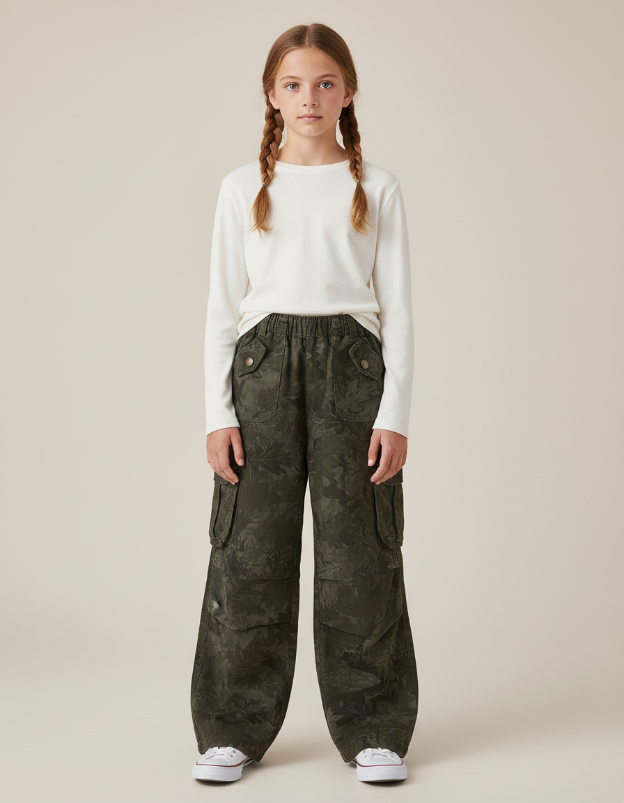 Pantalon Cargo Kaki Ample Camouflage Multipoches Fille - Toile