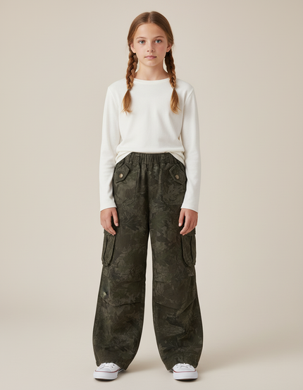 Pantalon Cargo Kaki Ample Camouflage Multipoches Fille - Toile