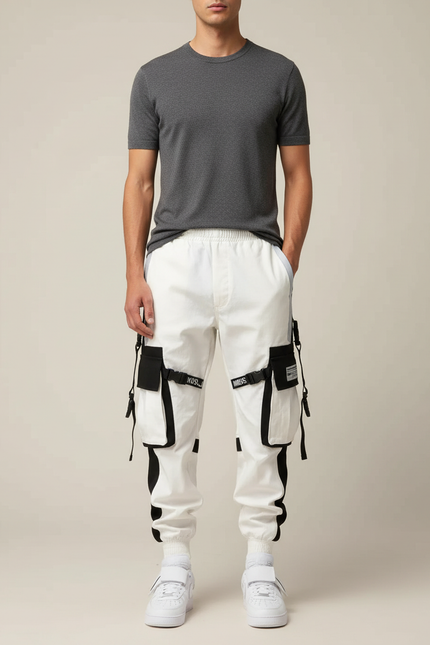 Pantalon Cargo Blanc Noir Techwear Poches Multiples Homme - Polyester