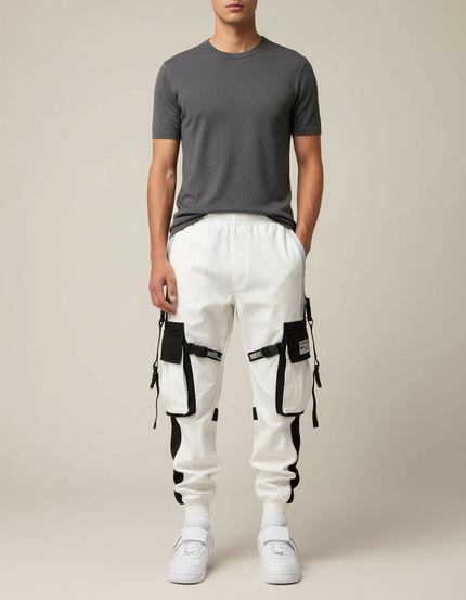 Pantalon Cargo Blanc Noir Techwear Poches Multiples Homme - Polyester