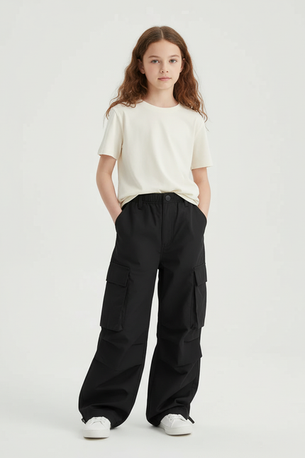 Pantalon Cargo Noir Large Décontracté Enfant Ado - Polyester