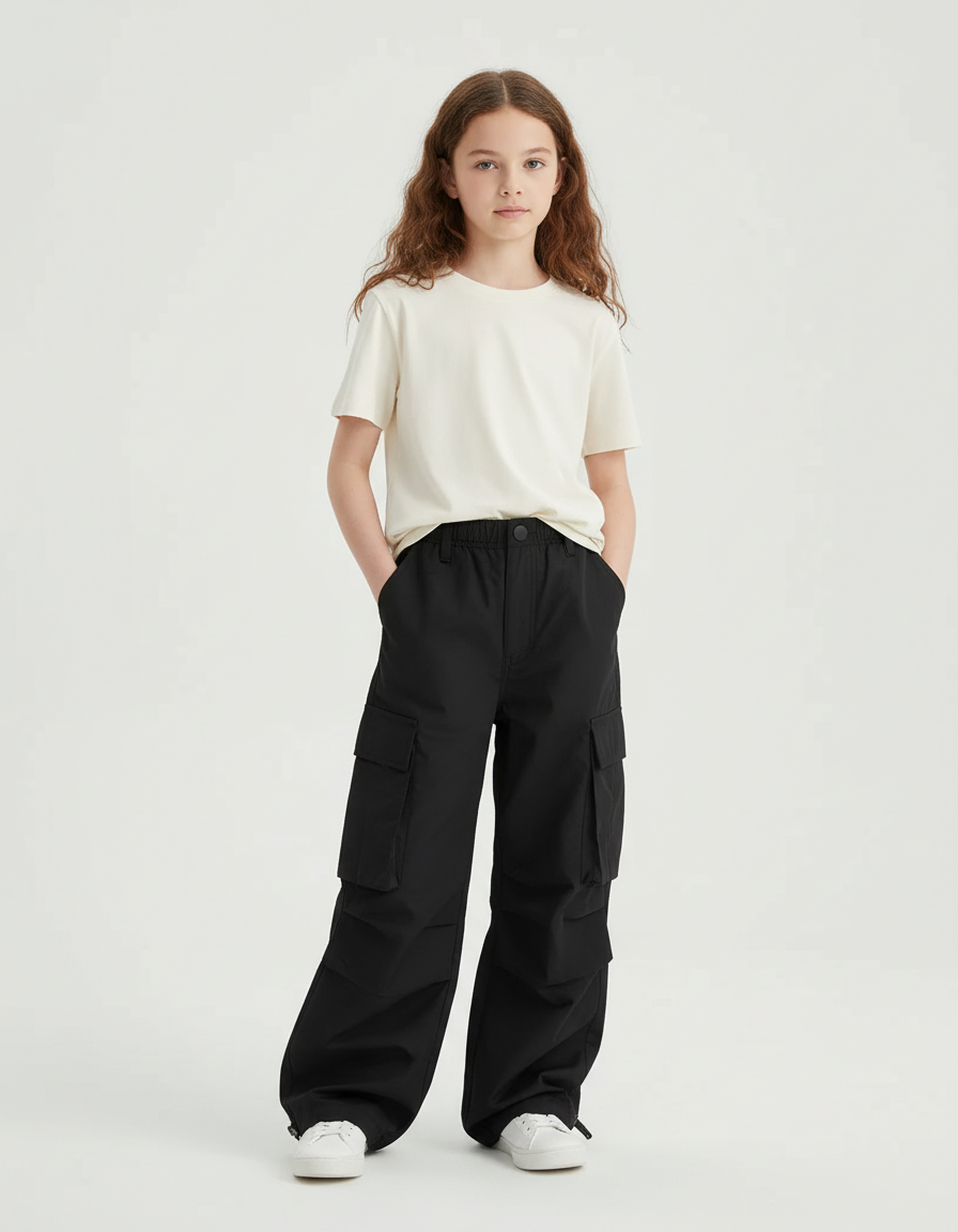 Pantalon Cargo Noir Large Décontracté Enfant Ado - Polyester