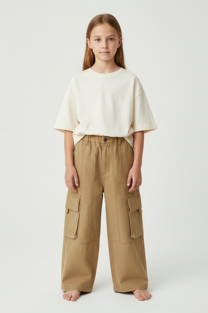 Pantalon Cargo Enfant Ample Coton Kaki Poches - Toile