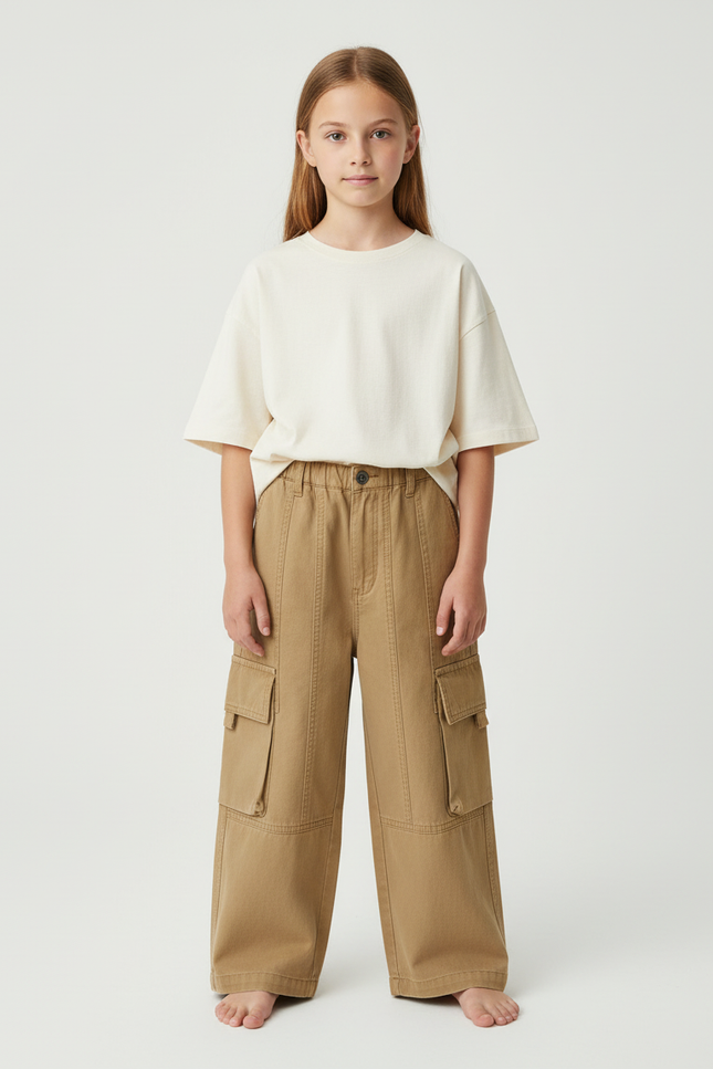 Pantalon Cargo Enfant Ample Coton Kaki Poches - Toile