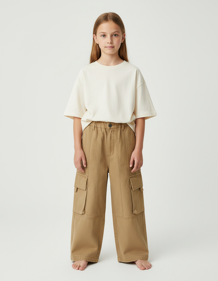 Pantalon Cargo Enfant Ample Coton Kaki Poches - Toile