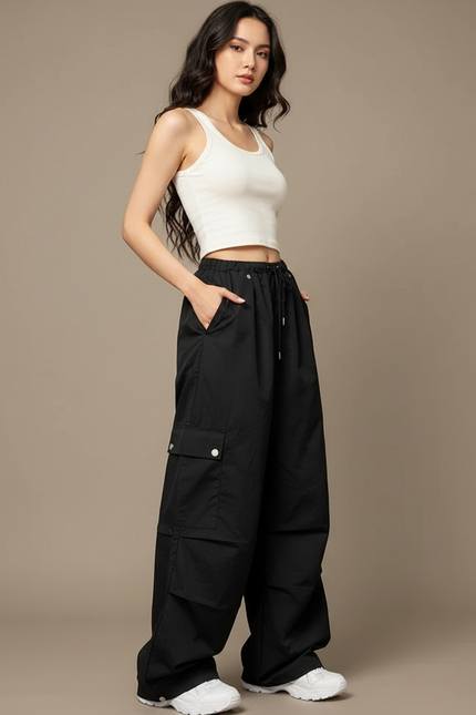 Pantalon Cargo Noir Ample Poches Streetwear Femme - Polyester