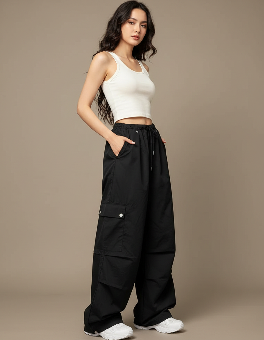 Pantalon Cargo Noir Ample Poches Streetwear Femme - Polyester