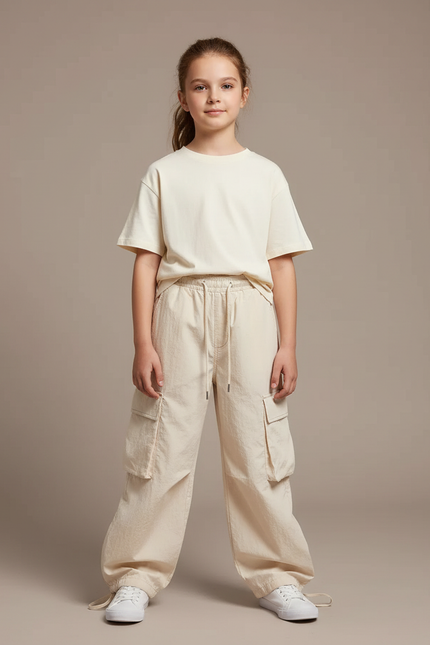 Pantalon Cargo Beige Ample Décontracté Multipoches Élastique - Toile