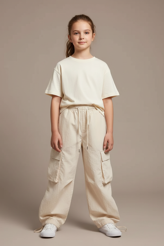 Pantalon Cargo Beige Ample Décontracté Multipoches Élastique - Toile