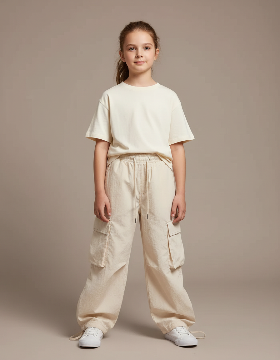 Pantalon Cargo Beige Ample Décontracté Multipoches Élastique - Toile