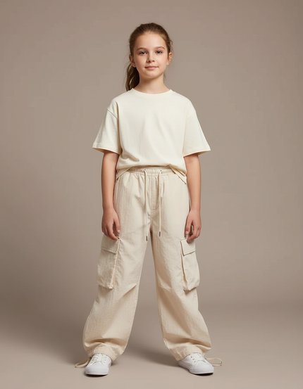 Pantalon Cargo Beige Ample Décontracté Multipoches Élastique - Toile