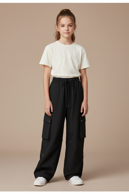 Pantalon Cargo Ample Noir Multipoches Enfant Décontracté - Polyester
