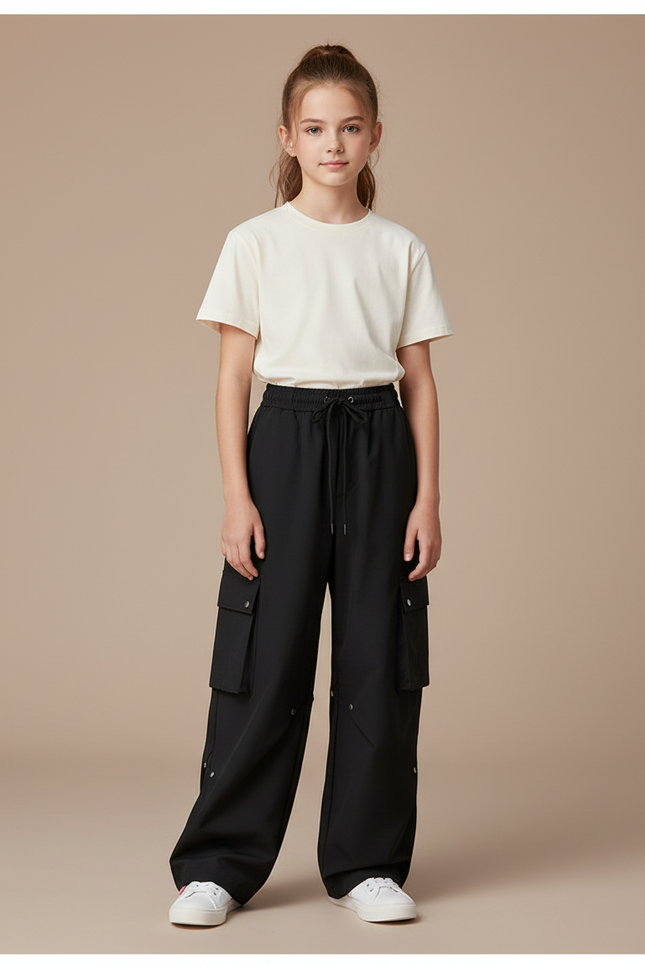 Pantalon Cargo Ample Noir Multipoches Enfant Décontracté - Polyester