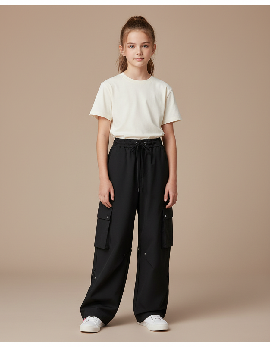 Pantalon Cargo Ample Noir Multipoches Enfant Décontracté - Polyester