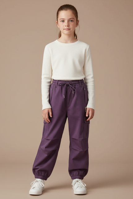 Pantalon Cargo Violet Ample Coton Élastique Fille