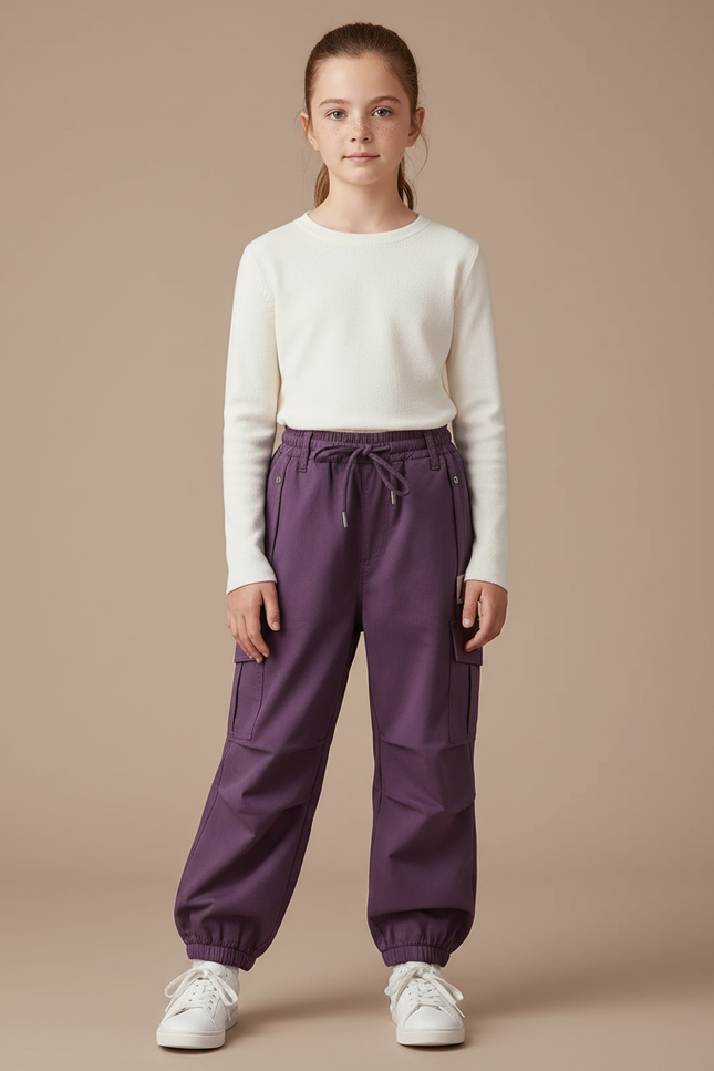 Pantalon Cargo Violet Ample Coton Élastique Fille