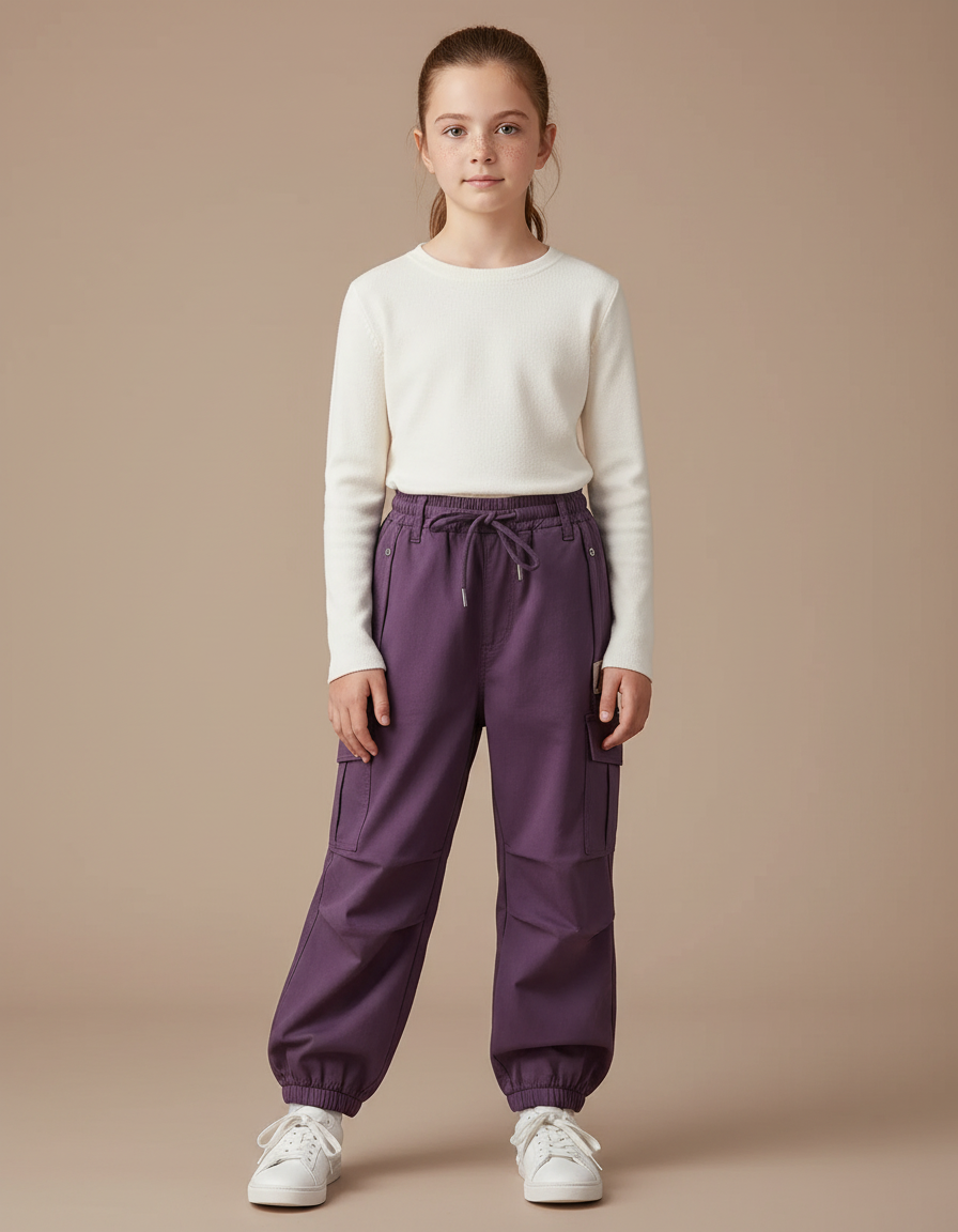 Pantalon Cargo Violet Ample Coton Élastique Fille