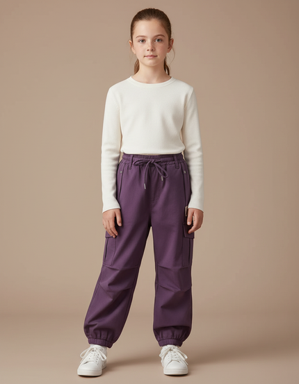 Pantalon Cargo Violet Ample Coton Élastique Fille