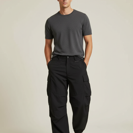 Pantalon Cargo Noir Ample Homme Léger Fluide - Polyester