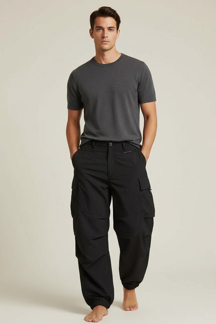 Pantalon Cargo Noir Ample Homme Léger Fluide - Polyester