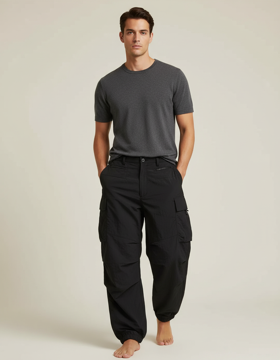 Pantalon Cargo Noir Ample Homme Léger Fluide - Polyester
