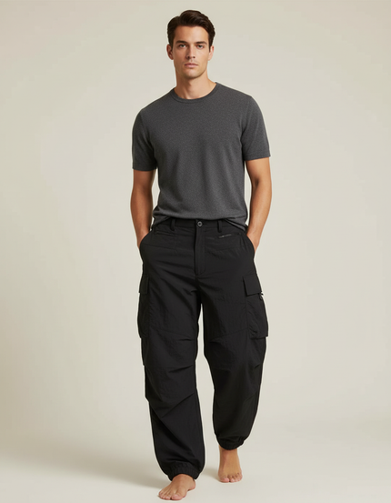 Pantalon Cargo Noir Ample Homme Léger Fluide - Polyester