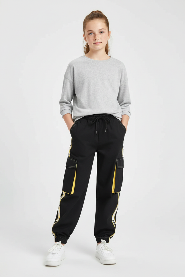 Pantalon Cargo Noir Bandes Latérales Jaune Poches Amples - Toile