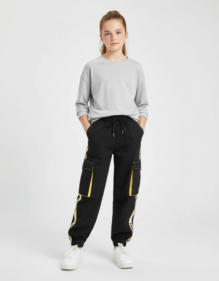 Pantalon Cargo Noir Bandes Latérales Jaune Poches Amples - Toile