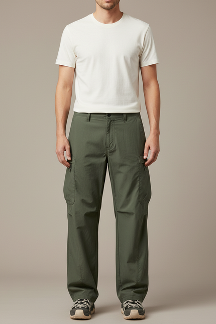 Pantalon Cargo Vert Ample Décontracté Homme Coton - Kaki Gabardine