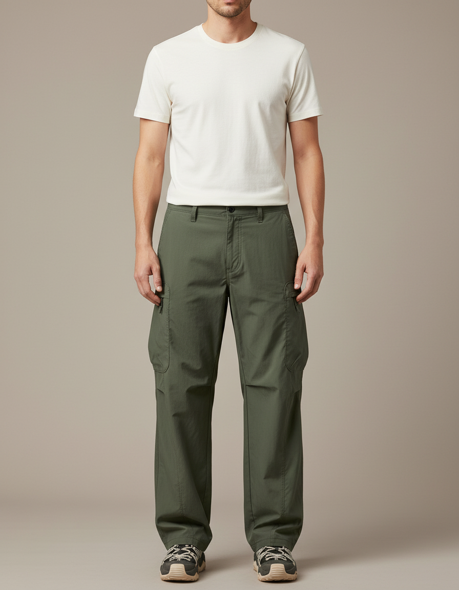 Pantalon Cargo Vert Ample Décontracté Homme Coton - Kaki Gabardine