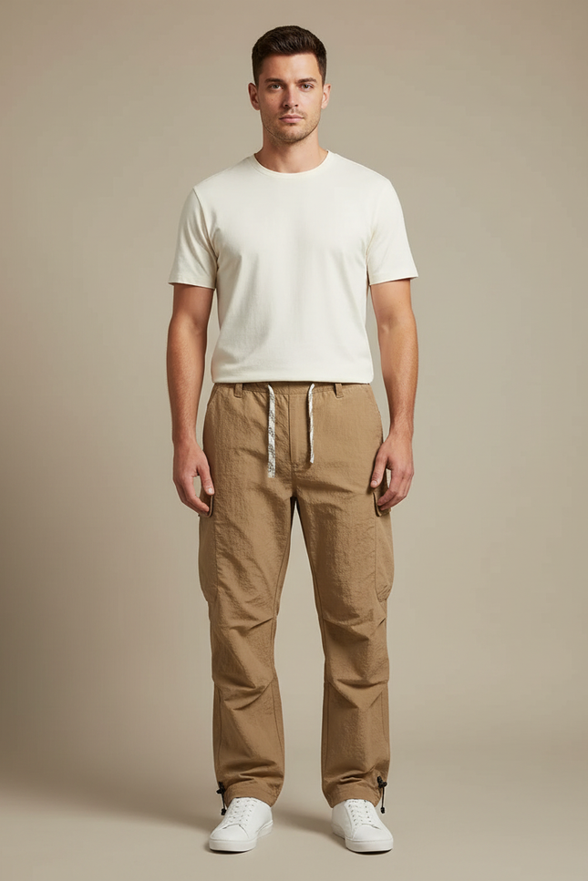 Pantalon Cargo Homme Marron Léger Ample Cordon - Polyester