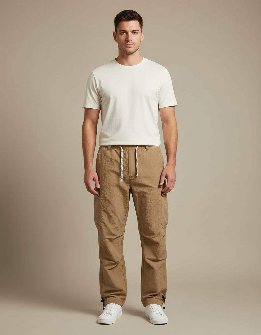 Pantalon Cargo Homme Marron Léger Ample Cordon - Polyester