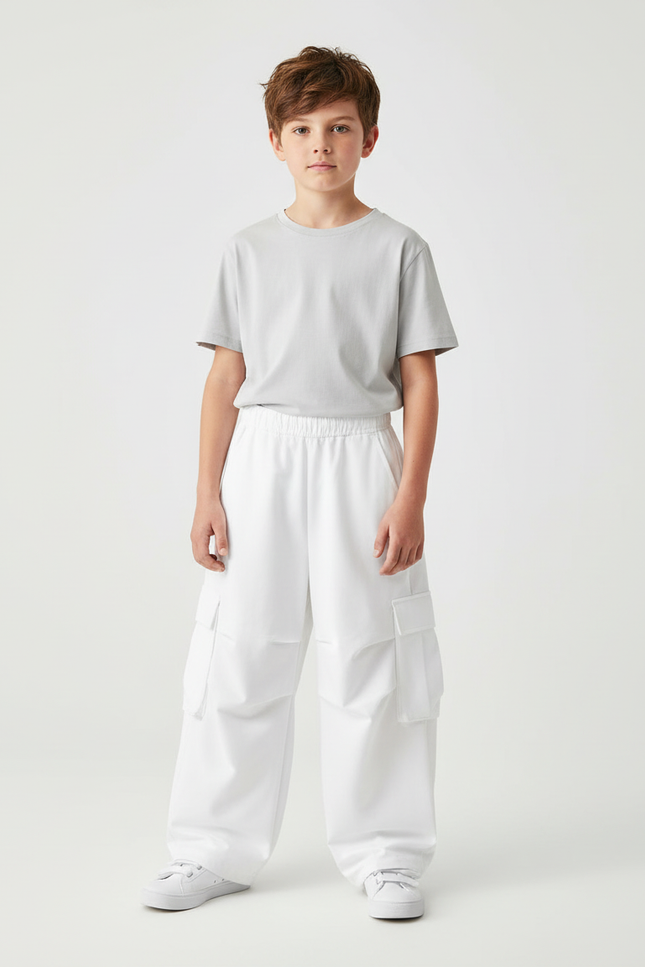 Pantalon Cargo Blanc Ample Décontracté Multipoches Enfant - Polyester