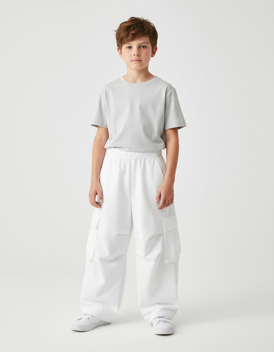 Pantalon Cargo Blanc Ample Décontracté Multipoches Enfant - Polyester