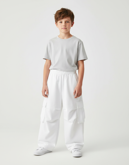 Pantalon Cargo Blanc Ample Décontracté Multipoches Enfant - Polyester
