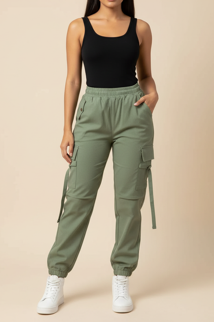 Pantalon Cargo Vert Kaki Ample Multipoches Décontracté Femme - Gabardine