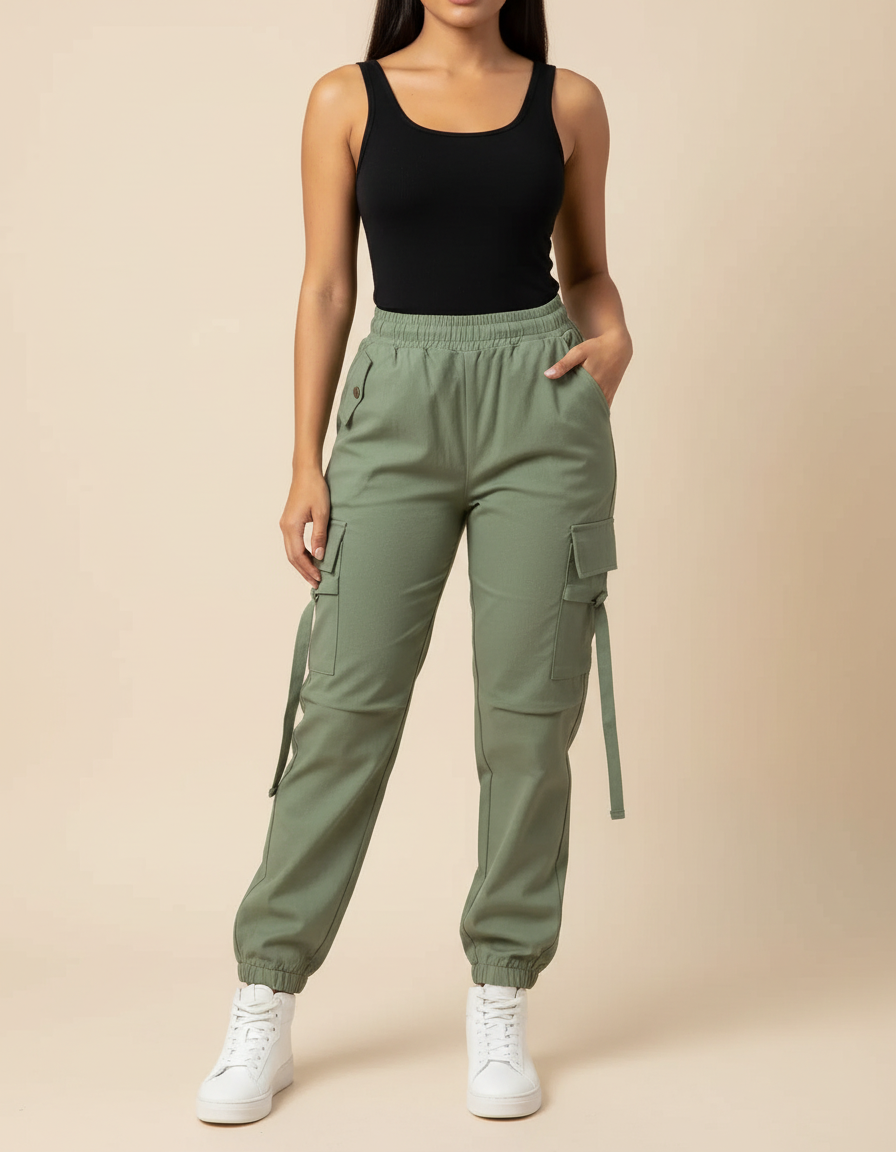 Pantalon Cargo Vert Kaki Ample Multipoches Décontracté Femme - Gabardine