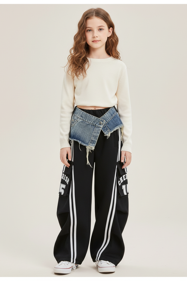 Pantalon Cargo Noir Large Denim Rayures Blanches - Molleton