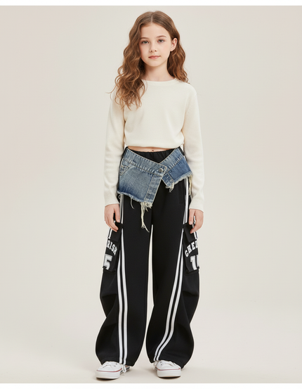 Pantalon Cargo Noir Large Denim Rayures Blanches - Molleton