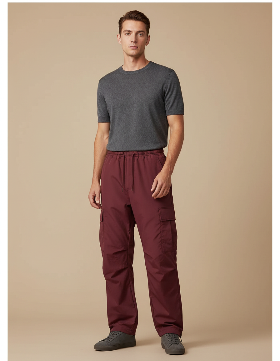 Pantalon Cargo Bordeaux Ample Décontracté Homme - Polyester