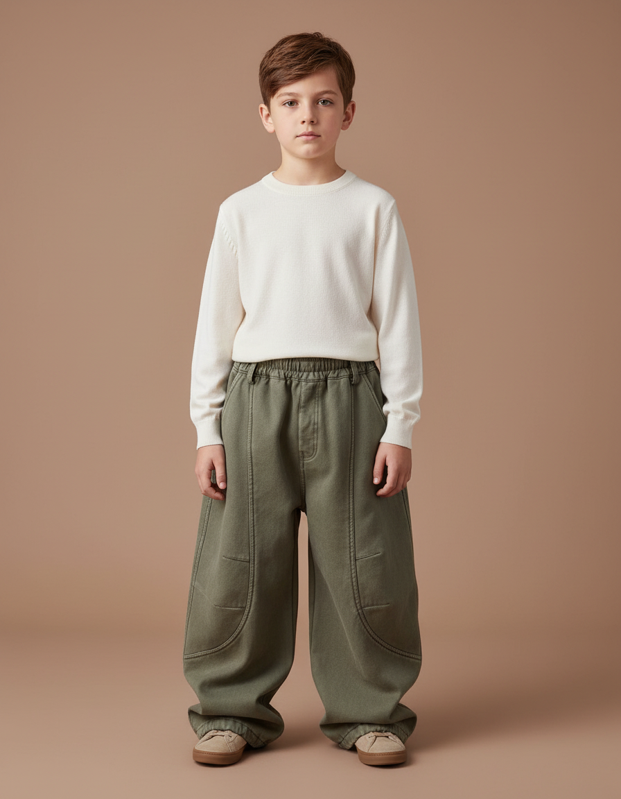 Pantalon Cargo Kaki Ample Décontracté Enfant Molletonné