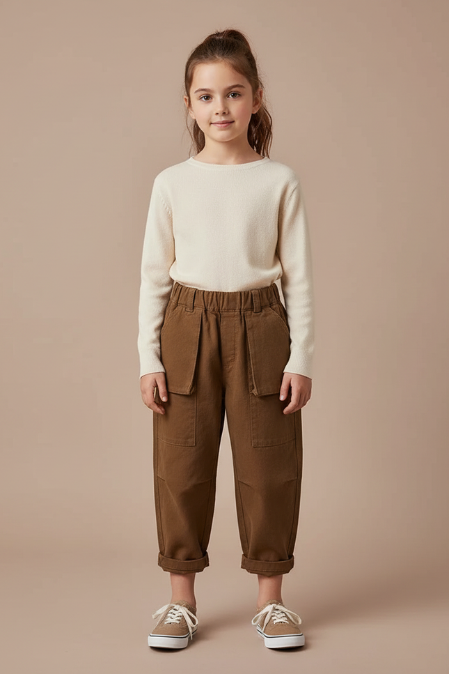 Pantalon Cargo Marron Ample Enfant Poches - Toile
