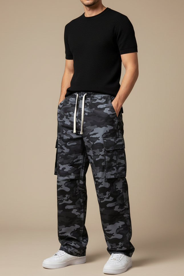 Pantalon Cargo Camouflage Militaire Noir Ample Streetwear - Toile