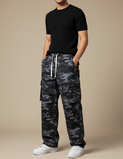 Pantalon Cargo Camouflage Militaire Noir Ample Streetwear - Toile