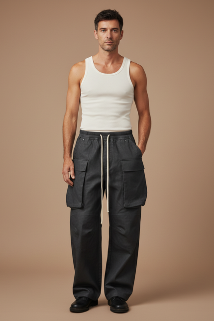 Pantalon Cargo Noir Ample Coton Multipoches Homme - Toile