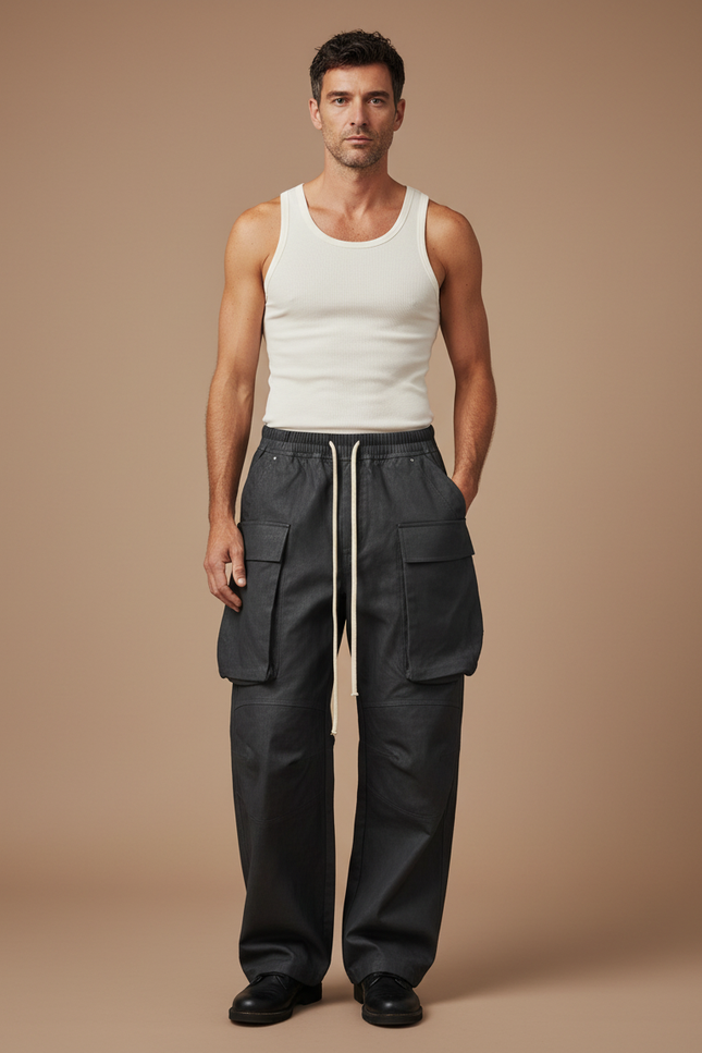 Pantalon Cargo Noir Ample Coton Multipoches Homme - Toile